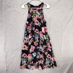 Betsey Johnson Dress Wmn 6 Black Floral Sleeveless Lined Pleated Front Midi